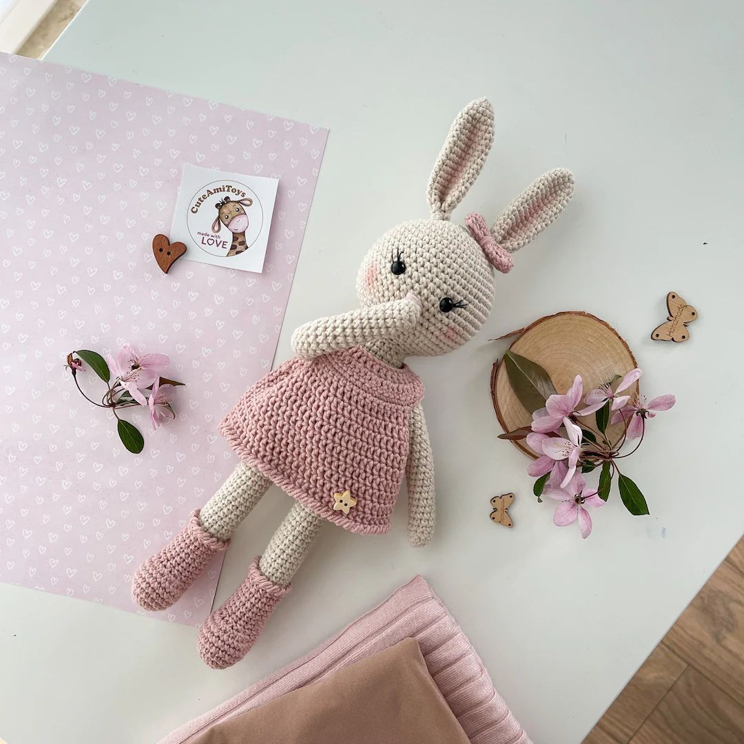 Crochet bunny plush toy, Bunny plush doll, Rabbit in pink orange dress, Baby girl gift personaliz... | Etsy (AU)