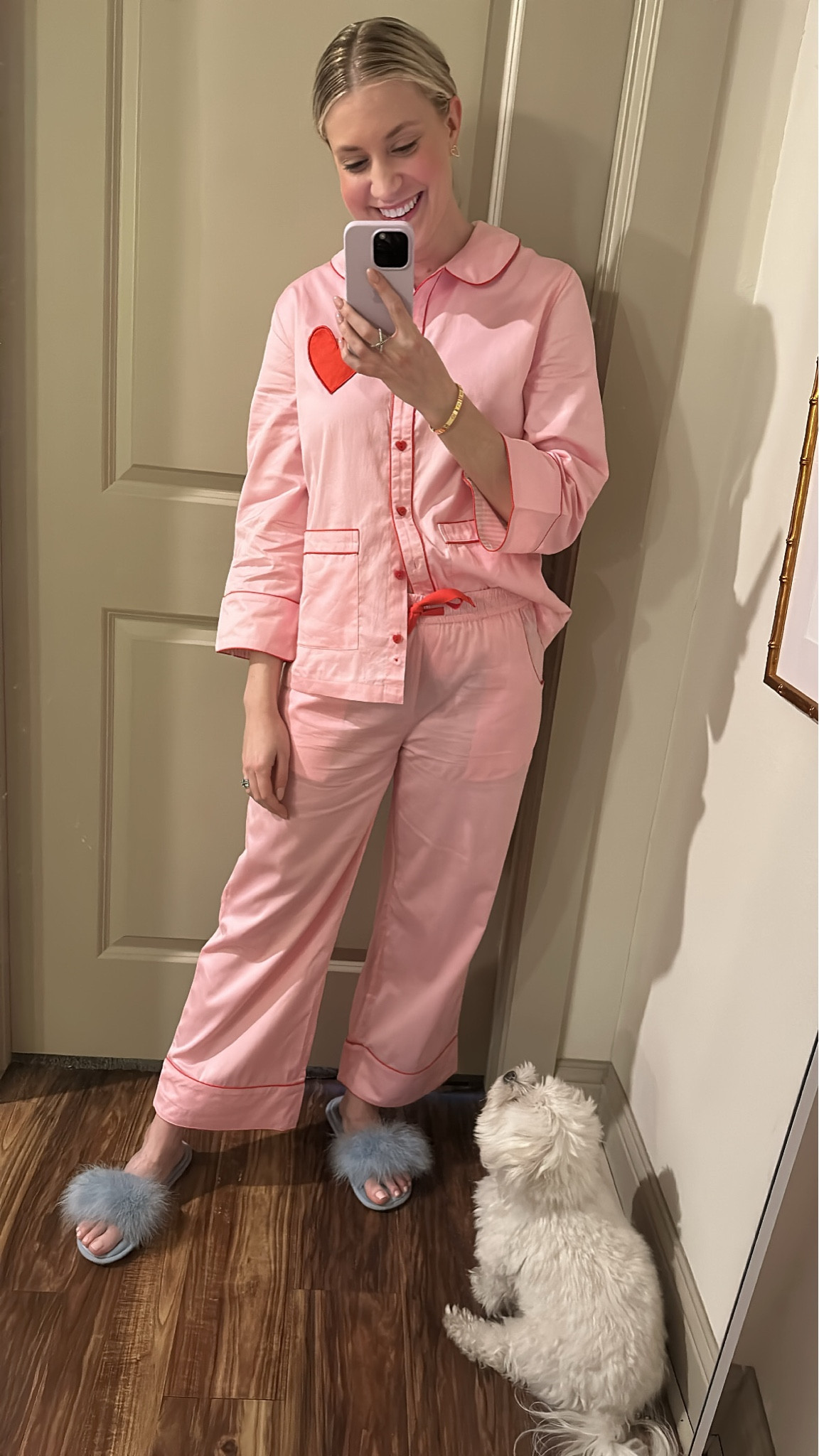 Atlantic-Pacific X LAKE this pajama set is everything!!!! The heat is a pocket and the buttons are hearts. I am dying it is so cute and I can’t wait to rock it. It is so cute for a pj party or if you want to match with friends and fam! I am wearing a small and happy with this size! 