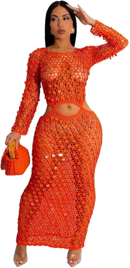 RanRui Women Sexy Long Sleeve Sequin Crochet Maxi Dress Cold Tummy Beach Cover Handmade Knitted H... | Amazon (US)