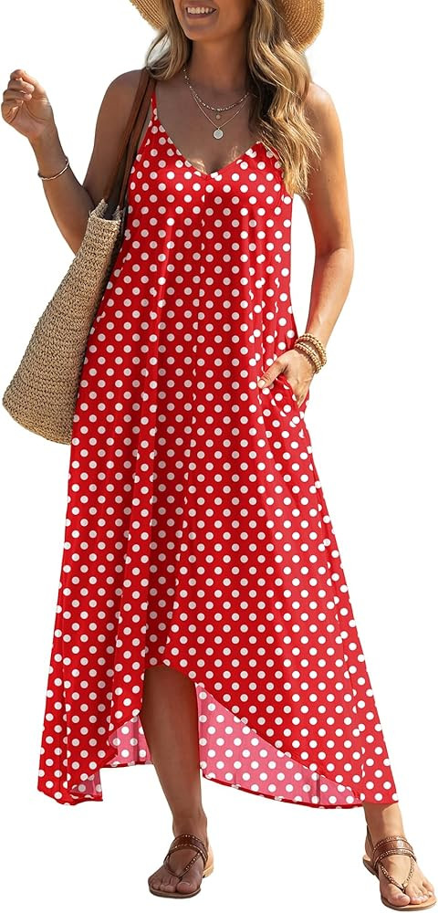 LILBETTER Women V-Neck Polka Dot Print Spaghetti Strap Boho Long Maxi Dresses | Amazon (US)