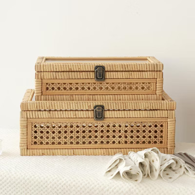 Aoibox Rattan and Cane Stacking Boxes with Glass Top Lid Set of 2 Boho Rustic Farmhouse Decor Storage Organizer | Target