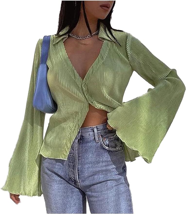 LYANER Women's Deep V Neck Button Front Bell Long Sleeve Blouse Shirt Top | Amazon (US)