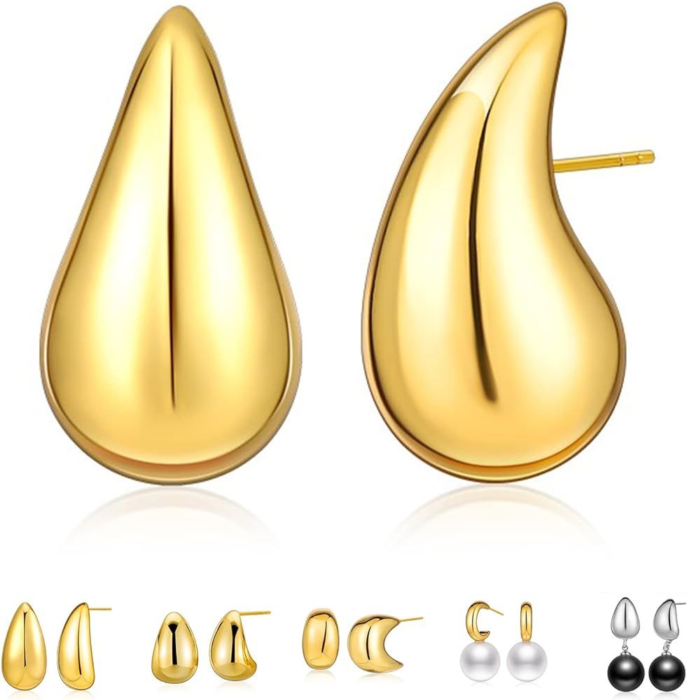 6 Pairs Chunky Gold Hoop Earrings Set，Bottega Earring Dupes, Lightweight Teardrop Hoop Earrings with | Amazon (US)