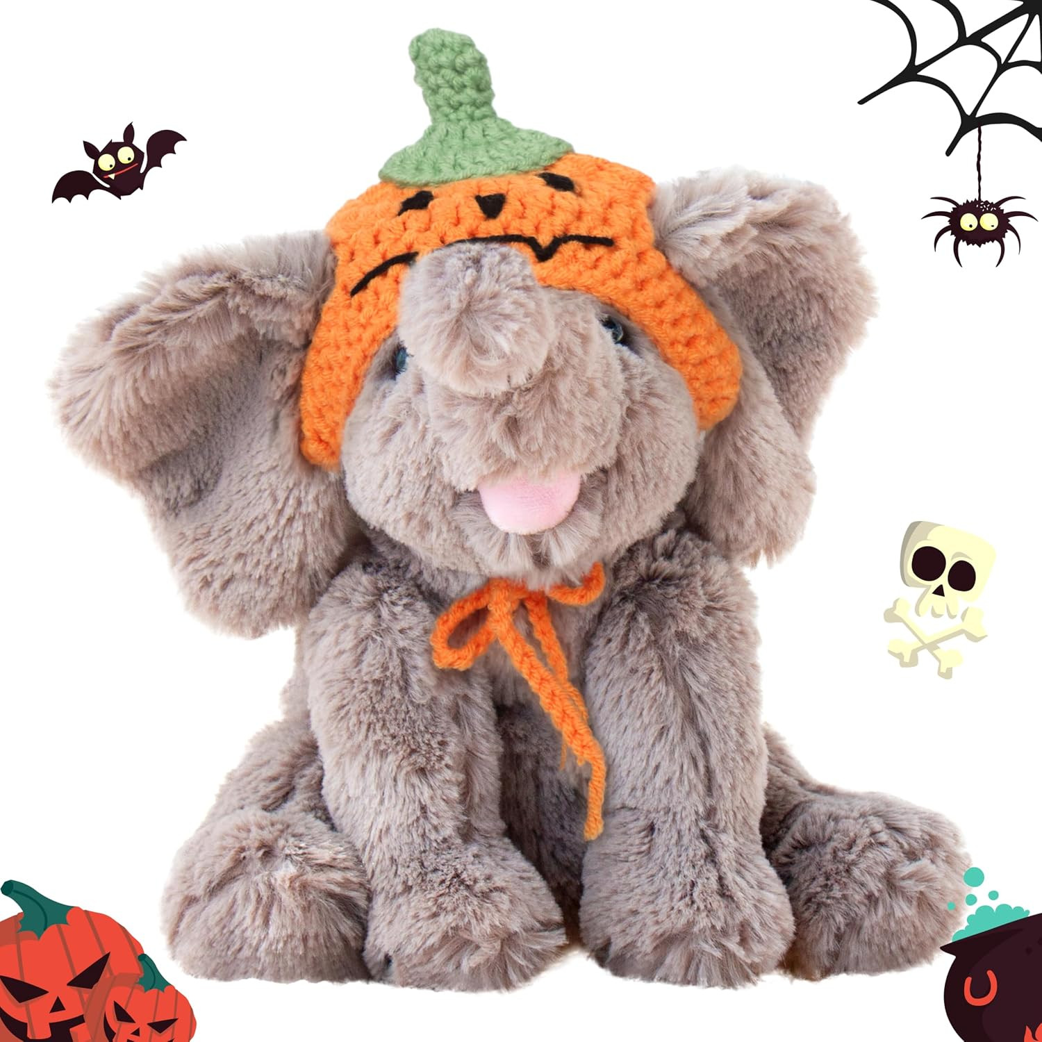 Hopearl Adorable Halloween Plush Calf Elephant Toy with Knitted Pumpkin Hat Floppy Elephish Ultra Soft Haggable Stuffed Animal Gift for Boys Girls Kids Toddlers, Gray, 10'' | Amazon (US)