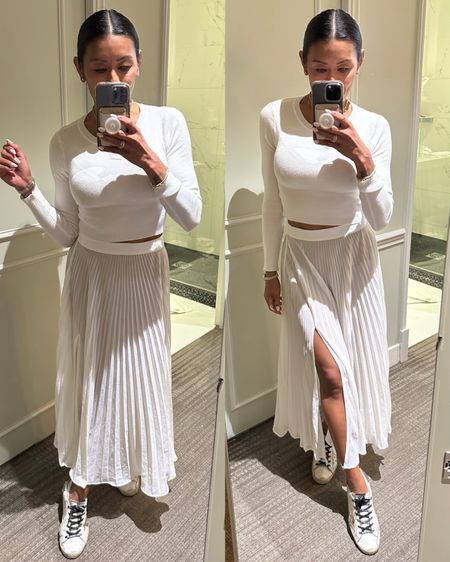 Summer whites 🤍. Maxi skirt isn’t lined so pair it with tights or shorts. Wearing XS in skirt and sweater.