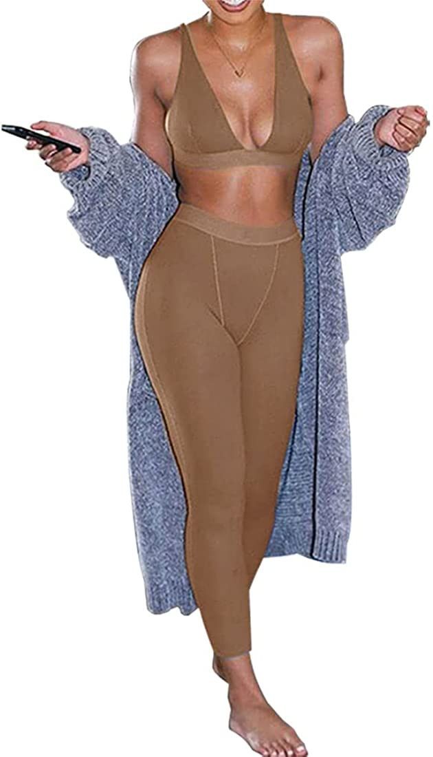 ZFLM Sleeveless V-Neck Crop Tops Leggings 2 Pieces Set Winter Women Fashion Streetwear Outfits Sp... | Amazon (US)