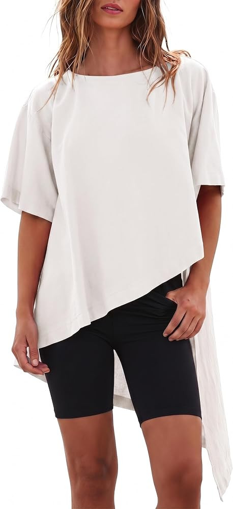 Womens Casual Asymmetrical Hem Short Sleeve Tops Summer Boat Neck High Low Irregular Shirts Blous... | Amazon (US)