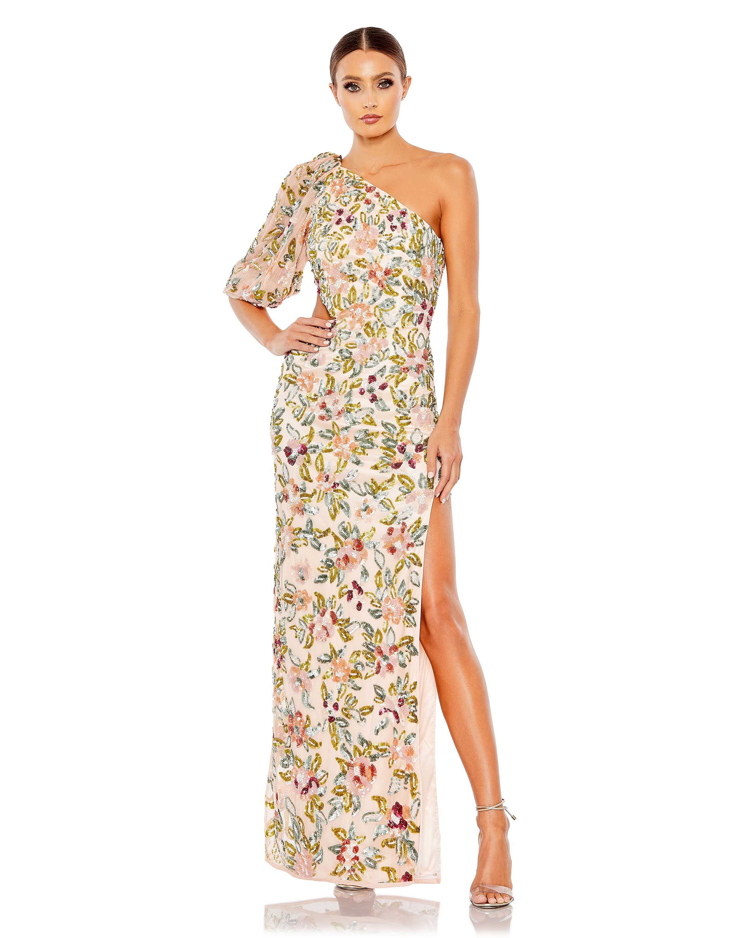 One Shoulder Floral Embellished Gown | Mac Duggal