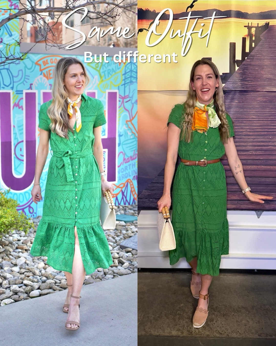Green dress - wearing a size XS

Espadrilles - older, linking similar 

Nude heels - older, linking similar 

Belt - vintage, linking similar 

Scarf - linking similar 

Sneakers - older, linking similar 

#LTKSeasonal
