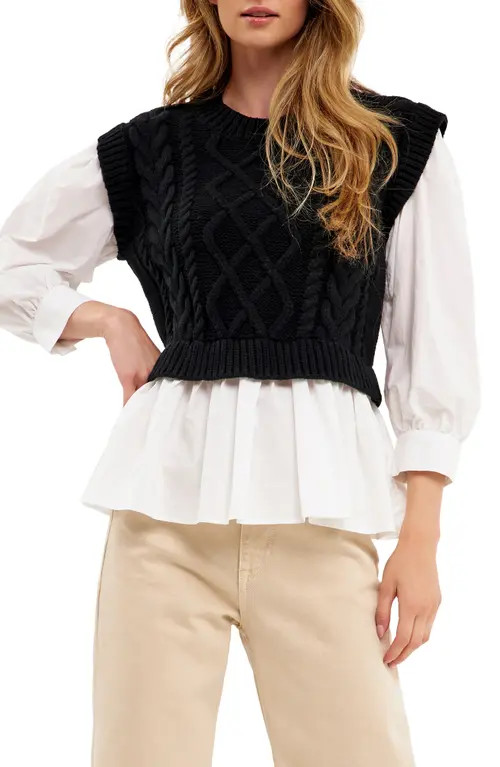 English Factory Mixed Media Cable Sweater in Black/White at Nordstrom, Size X-Small | Nordstrom