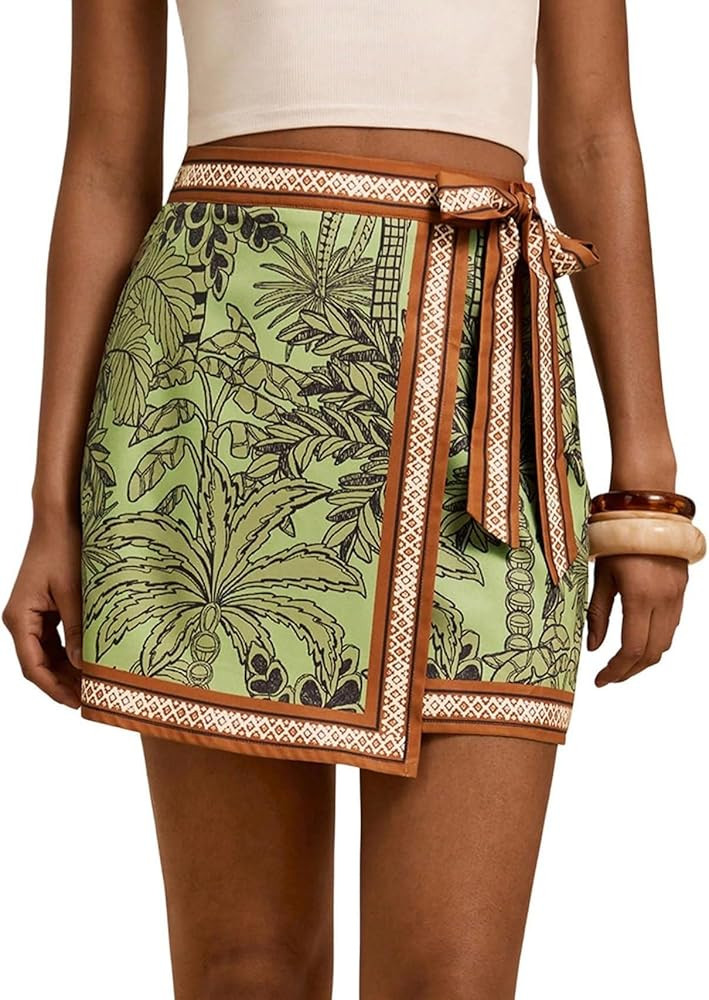 Womens Wrap Mini Skirt Summer Boho Floral Tropical Print Skirts Casual Beach Vacation Outfits Short Skirts | Amazon (US)