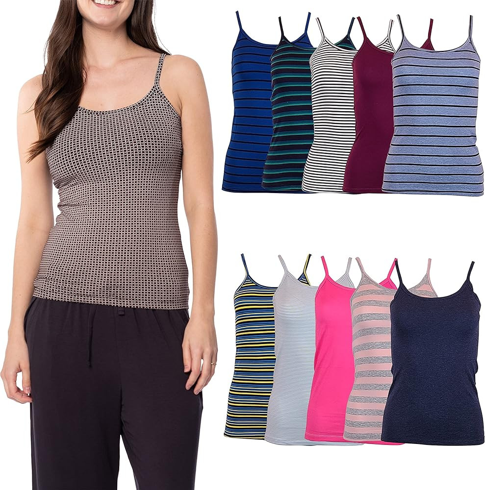 Sexy Basics Women's 10 Pack Spaghetti Strap Cami Tank Tops - Slim Fit Camisole Cotton Stretch Tan... | Amazon (US)