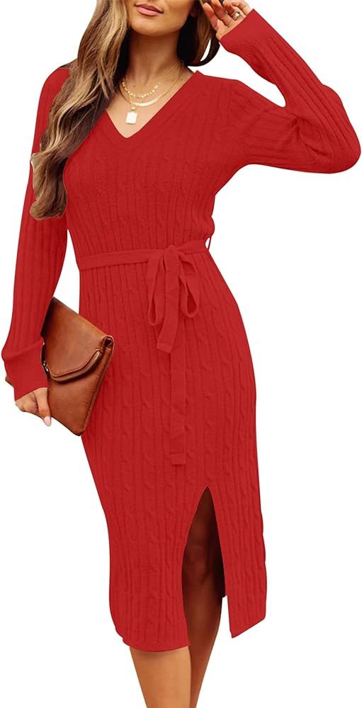 MEROKEETY Women's V Neck Cable Knit Sweater Dress Long Sleeve Bodycon Slit Pullover Midi Dress wi... | Amazon (US)