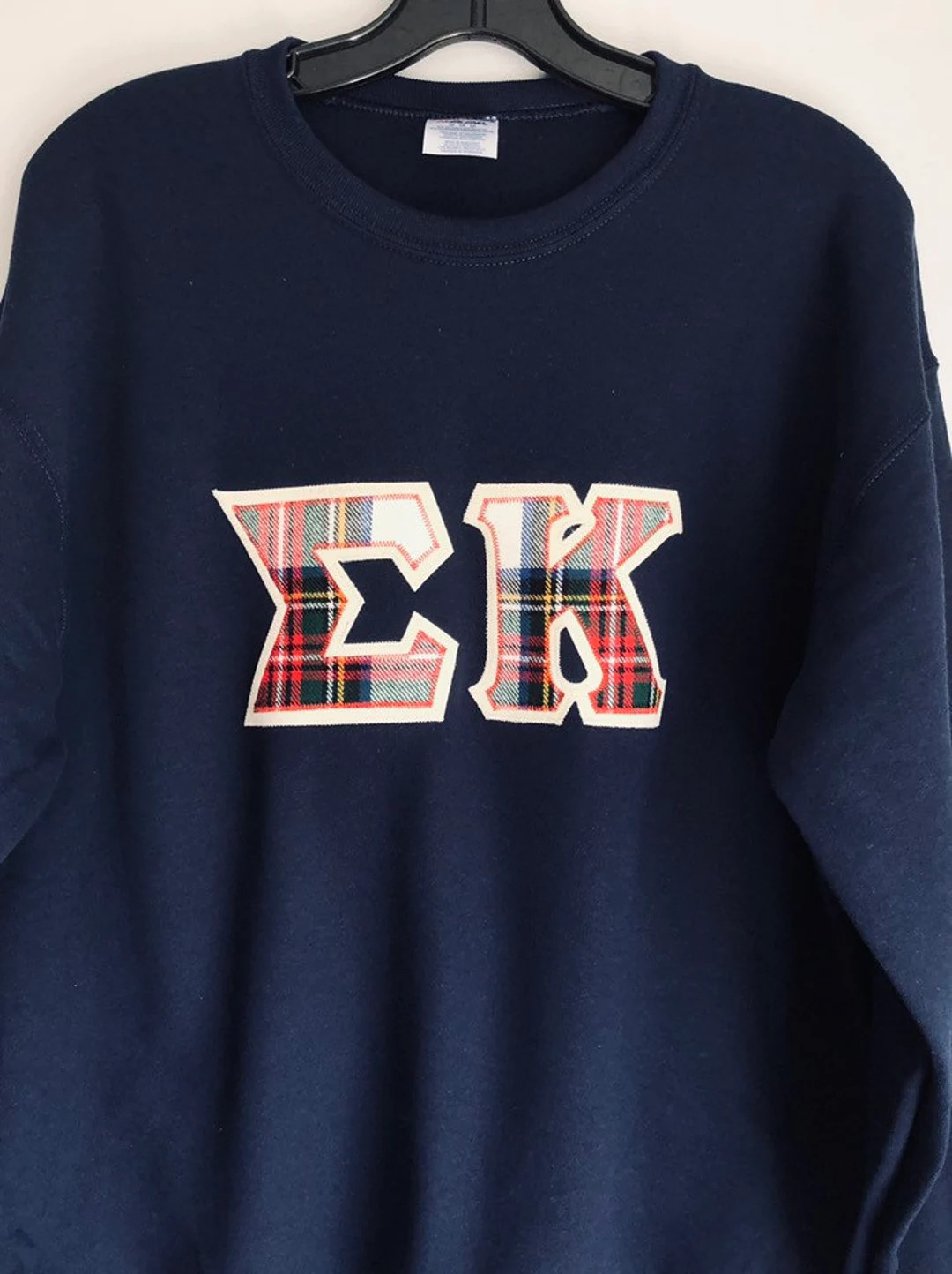 Sigma Kappa Sewn Greek Letters Navy Crewneck With Flannel Fabric on Cream plaid-004 Plaid Sororit... | Etsy (US)