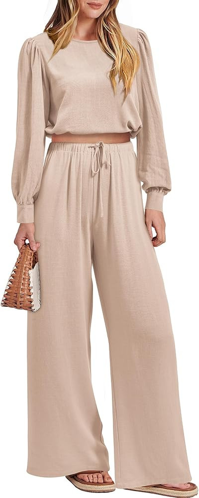 PRETTYGARDEN Women's 2023 Fall Two Piece Outfits Long Sleeve Crop Tops Wide Leg Pants Pockets Cas... | Amazon (US)