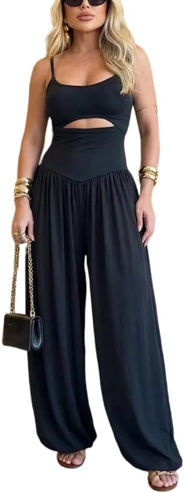 Jumpsuits for Women Sleeveless Cut-Out Waist U-Neck Backless Tie-Back Ruched High Waist Summer Ro... | Amazon (US)