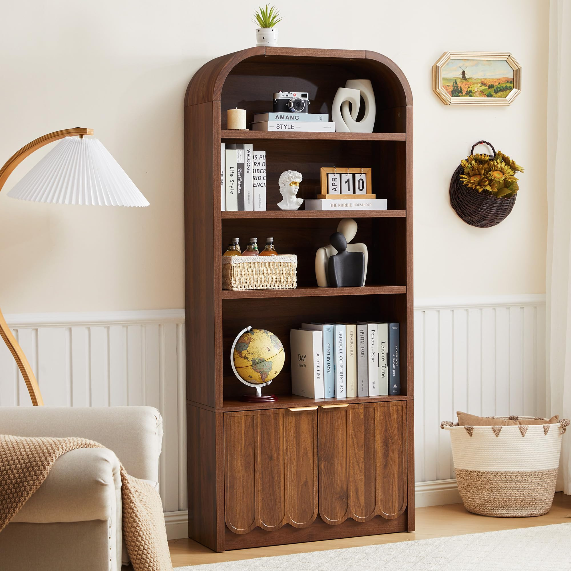 ORRD 70" Tall Arched Bookshelf with Storage Cabinet, Modern 4-Tier Wood Bookcase with Scalloped D... | Amazon (US)