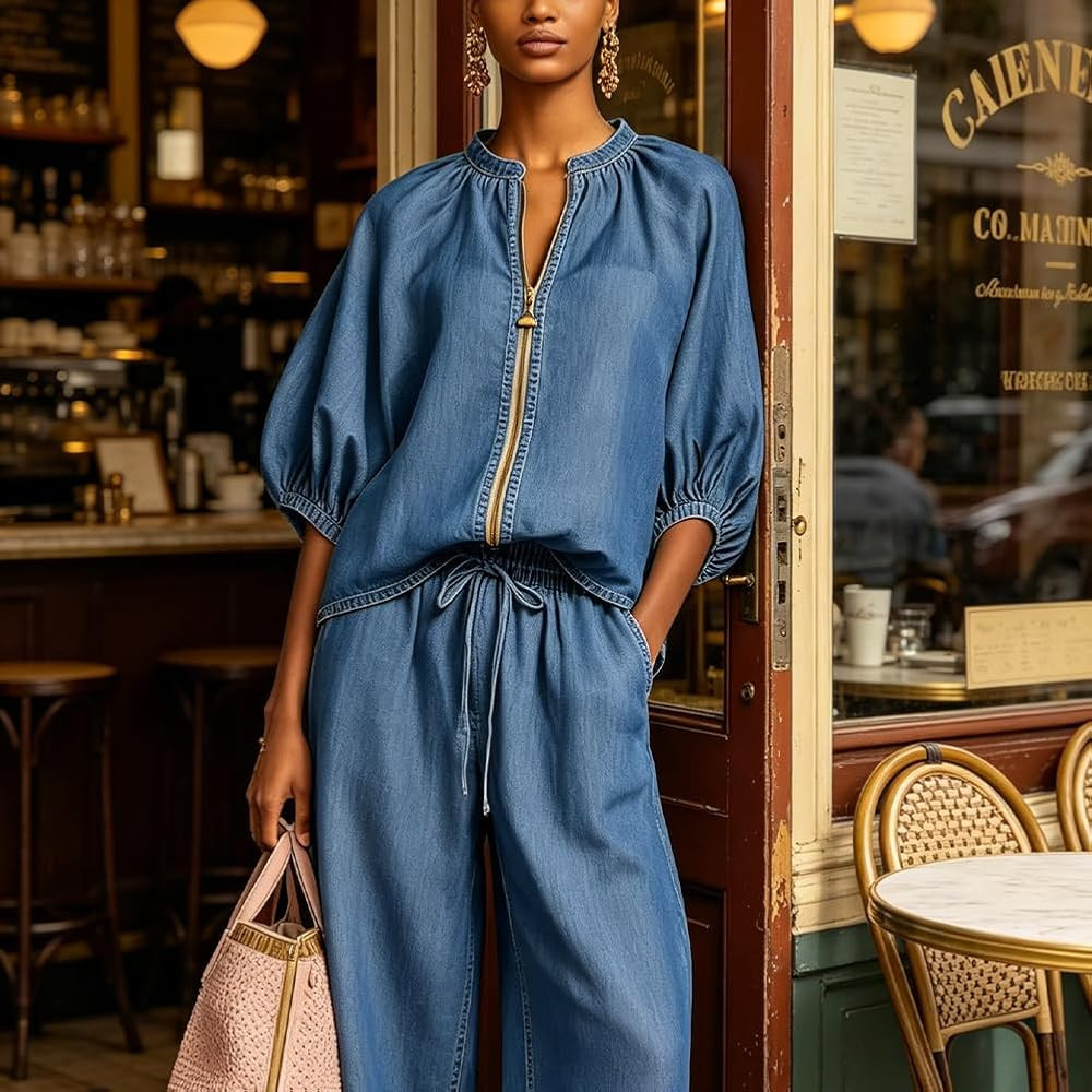 Amazon.com: Two Piece Outfits for Women Zip Front Top Wide Leg Pants Set Casual Summer Matching Set Loose Fit Tracksuit (Denim Blue,L) : Clothing, Shoes & Jewelry | Amazon (US)