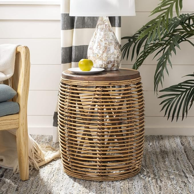 Safavieh Home Maui Coastal Honey Brown Wash Rattan Drum Stool Table | Amazon (US)