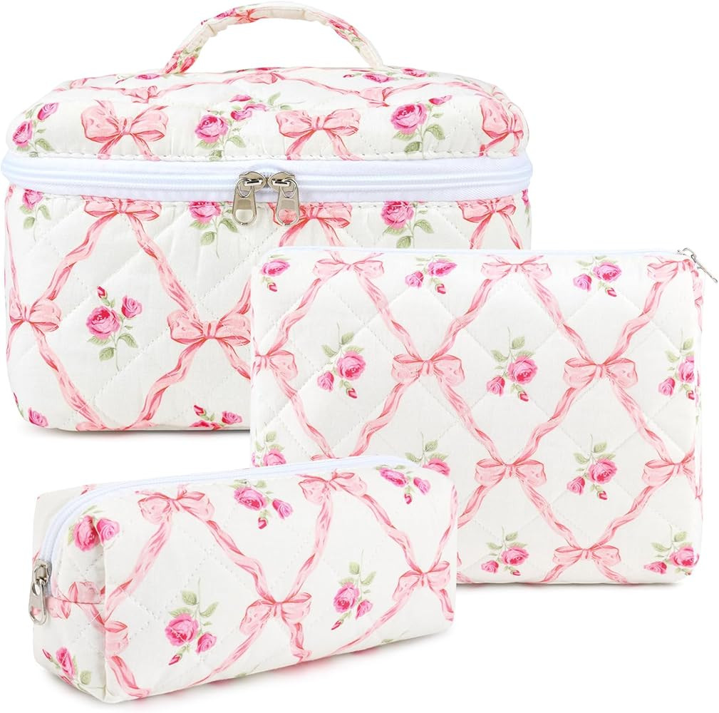 Large Makeup Bag Quilted Makeup Bags Set Cute Cosmetic Bag for Women Girls Floral Coquette Aesthe... | Amazon (US)