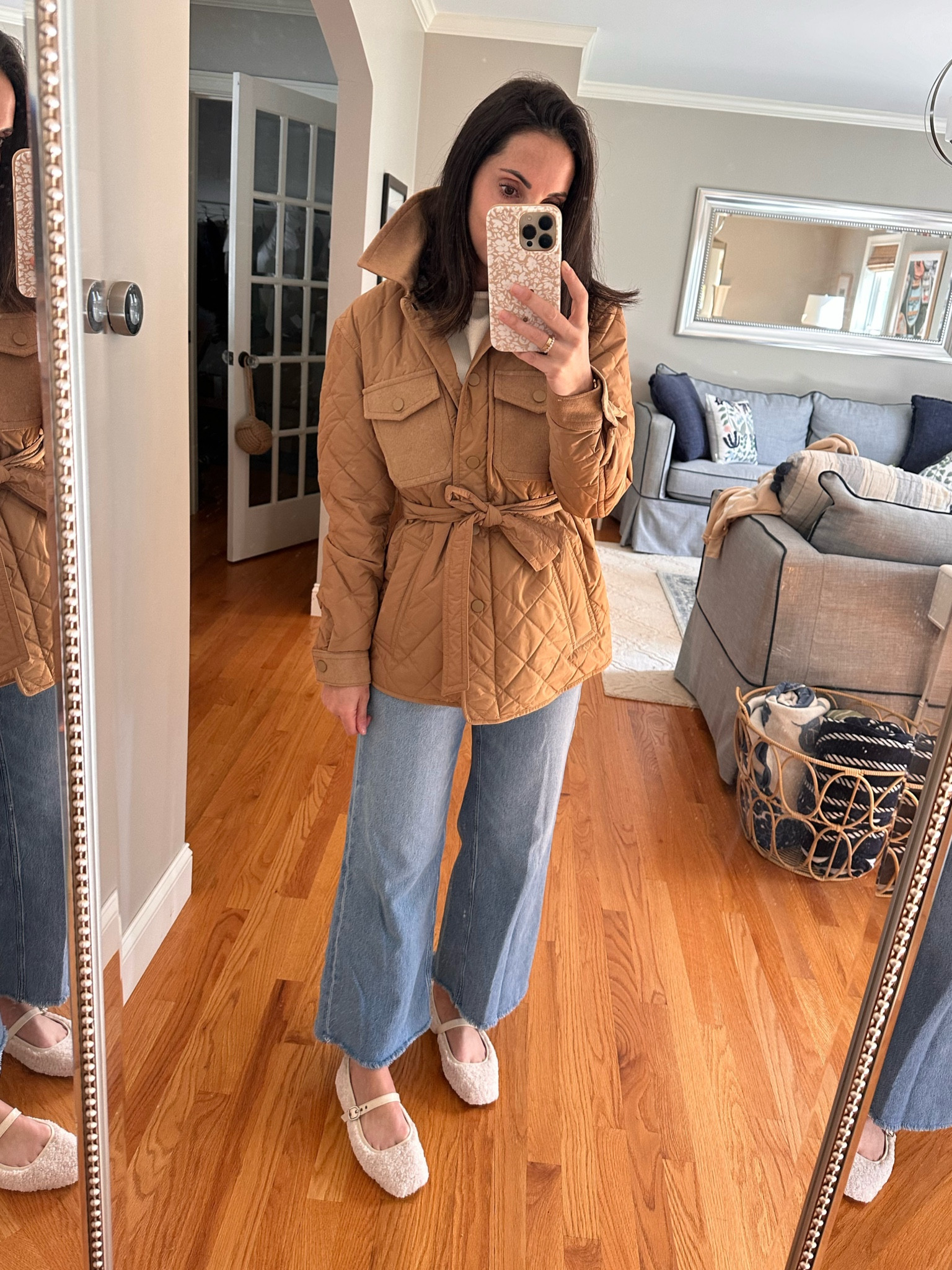 Belted quilted barn coat and Sherpa ballet flats 