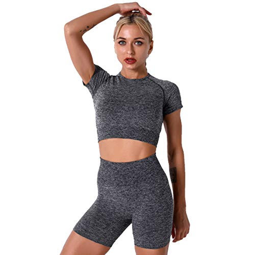 Women's Seamless Yoga Outfits Two Pieces Workout Short Sleeve Crop Top Sports Bra + High Waisted Running Shorts Sets Biker Activewear Athletic Fitness Gym Sexy Active Tracksuit Grey Small | Amazon (US)