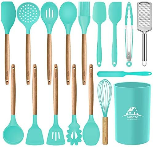 Mibote 17 Pcs Silicone Cooking Kitchen Utensils Set with Holder, Wooden Handles Cooking Tool BPA Fre | Amazon (US)