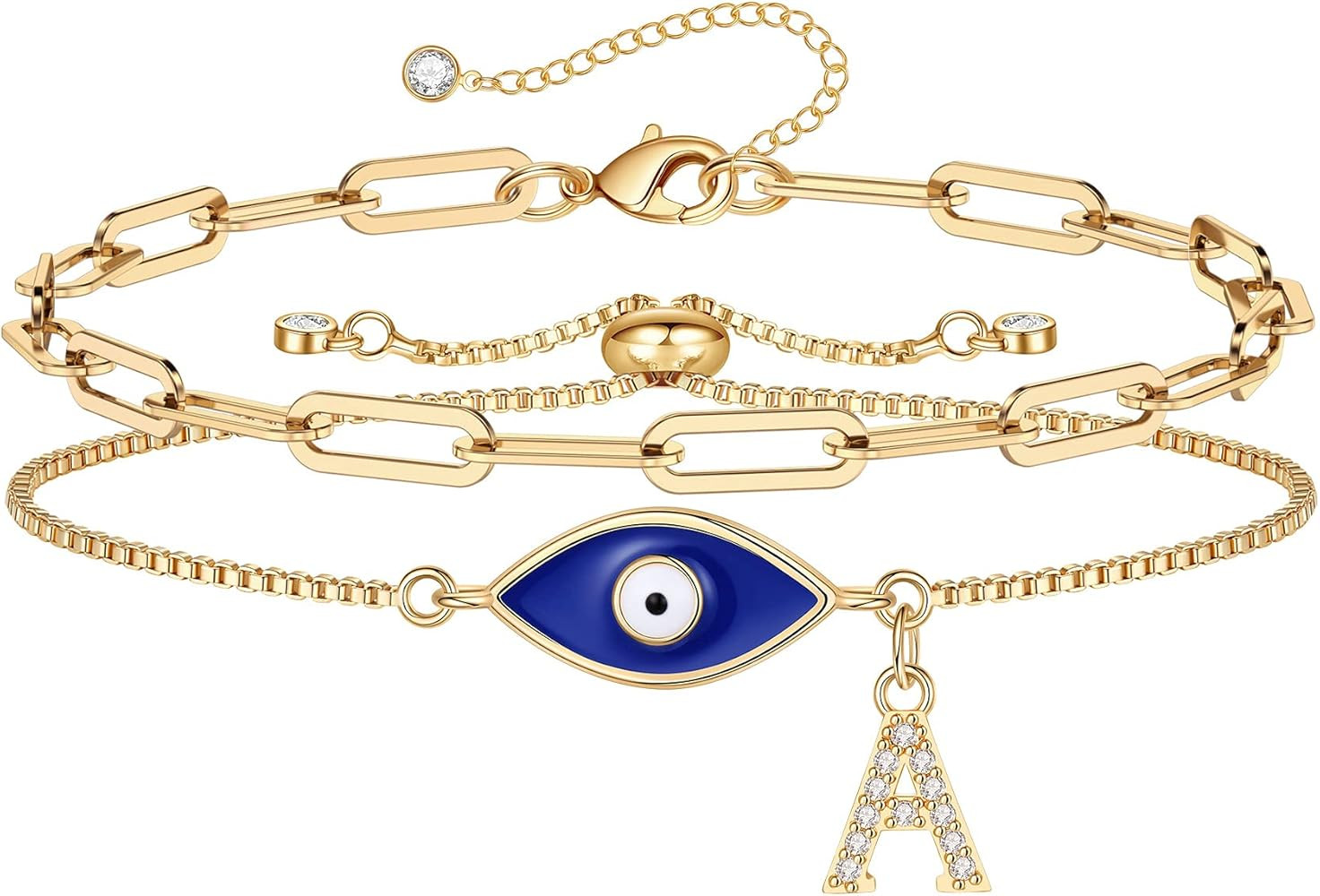 Gold Evil Eye Bracelets for Women, 14K Gold Plated Dainty Layering Paperclip Initial Bracelet Pro... | Amazon (US)