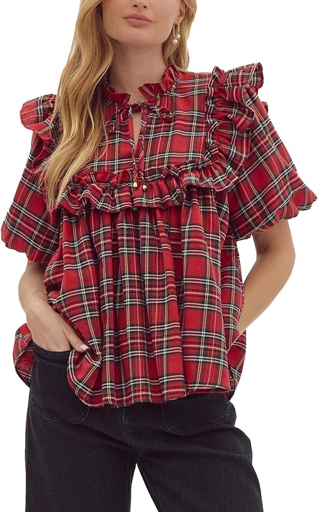Women Gingham Babydoll Blouse Y2k Plaid Short Puff Sleeve Cute Ruffle Peplum Going Out Tops Stree... | Amazon (US)