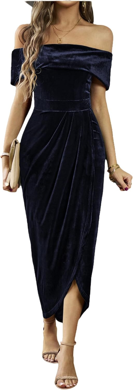 Womens Velvet Wrap Off The Shoulder Dress Sexy Slit Ruched Cocktail Dress Wedding Party Dresses | Amazon (US)