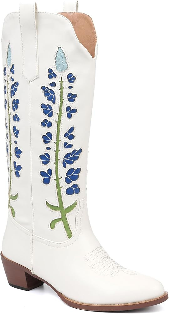 Cowboy Boots For Women, Cute Bluebonnet Floral Embroidered Fashion Country Boots Pointed Toe Chun... | Amazon (US)