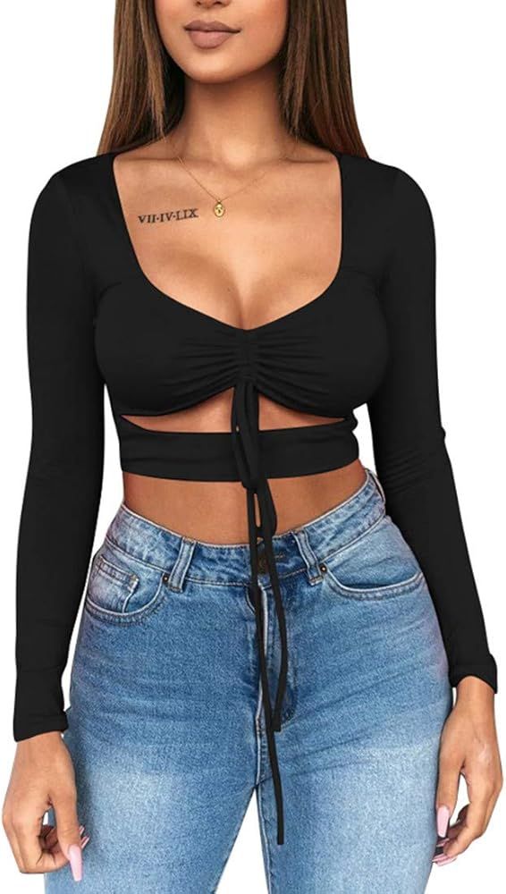 Women's Sexy Ruched Tie Up Crop Top Basic Long Sleeve Cut Out T Shirt | Amazon (US)