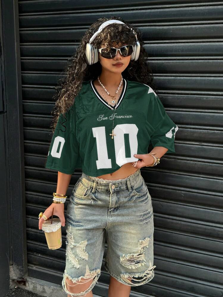 Muchica Women Cropped Green Satin Contrast Mesh Numeric Print T-Shirt,Rave Top | SHEIN