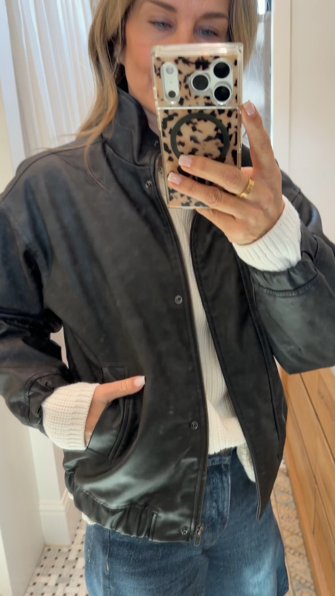 -Target bomber is so cute! It’s ready for spring warmth, not winter ready. Wearing XS 
-Quince $40 cotton sweater on repeat. Wearing a M
-sweatpant jeans. I’m 5’6” TTS 

#LTKootd #LTKdayinmylife #LTKOver40