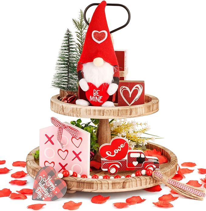 Valentines Day Tiered Tray Decor, Valentines Day Decorations Set with Gnomes Plush & XOXO, Red He... | Amazon (US)
