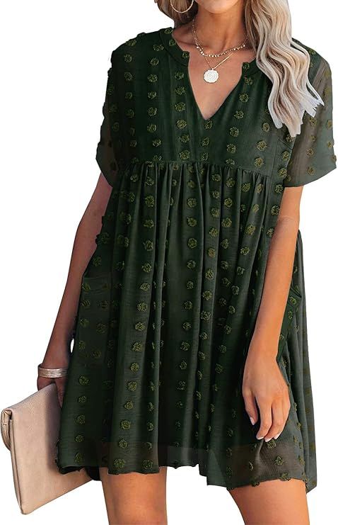 Kikula 2021 Women's Casual Short Sleeve V Neck Mini Dress Solid Swiss Dot Flowy Dress Loose Summe... | Amazon (US)