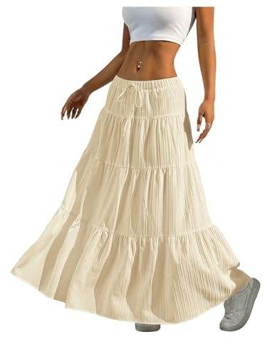 RoseSeek Women's Flowy Flared Ruffle Hem A Line Maxi Skirts Elastic Waist Elegant Tiered Layer Boho Long Skirts Beige X-Small | Amazon (US)