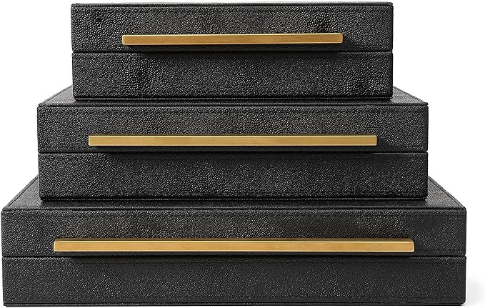 Kingflux Faux Black Shagreen Leather Set of 3 Pcs Decorative Boxes, Storage Boxes Jewelry Organiz... | Amazon (US)
