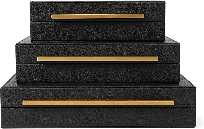 Kingflux Faux Black Shagreen Leather Set of 3 Pcs Decorative Boxes, Storage Boxes Jewelry Organiz... | Amazon (US)