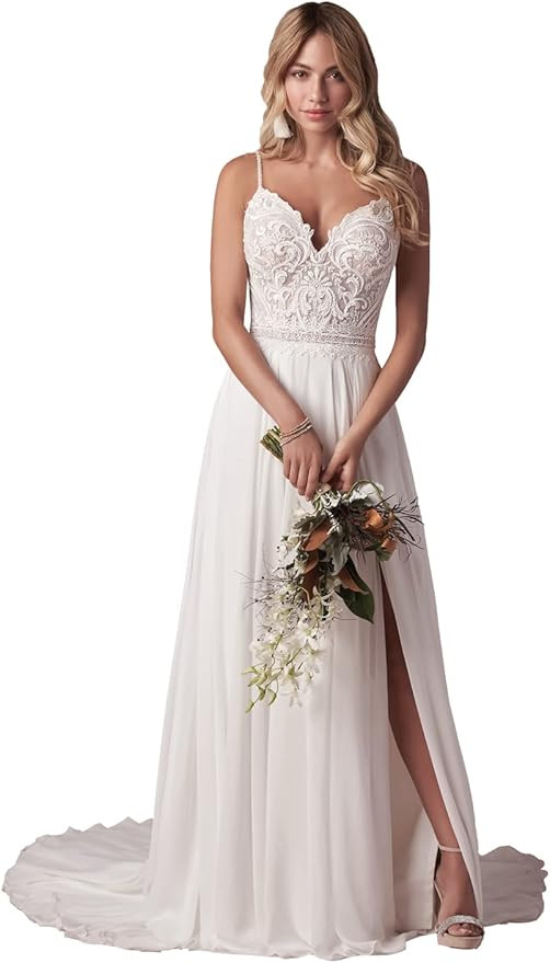 WaterDress Lace Bodice Beach Wedding Dresses with Slit Chiffon A-Line Summer Boho Bridal Gowns fo... | Amazon (US)