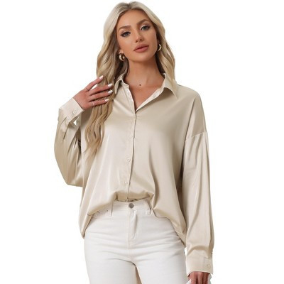 Allegra K Women's Casual Satin Collared Long Sleeve Button Down Shirt Champagne X-Small | Target
