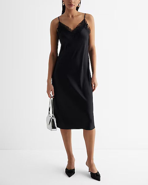Lace Trim Satin Midi Dress | Express