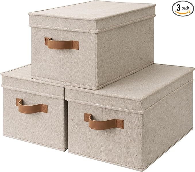 StorageWorks Large Storage Bins with Lids, Decorative Storage Boxes with Lid and PU Handles, Fold... | Amazon (US)