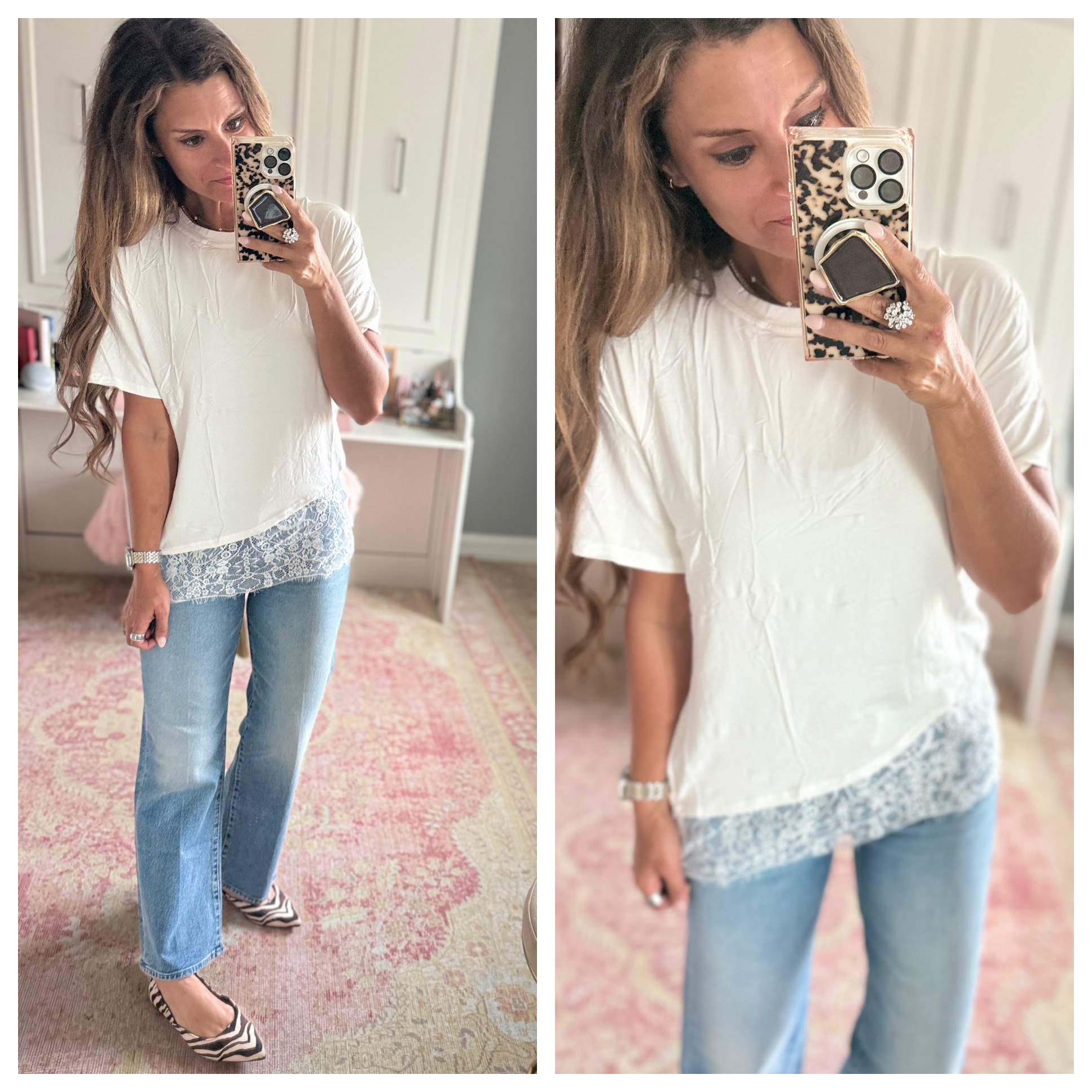 Casual outfit with a lace tee and jeans 

 