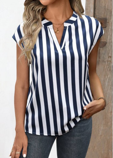 MODLILY® Navy Split Striped Short Sleeve Blouse | modlily.com