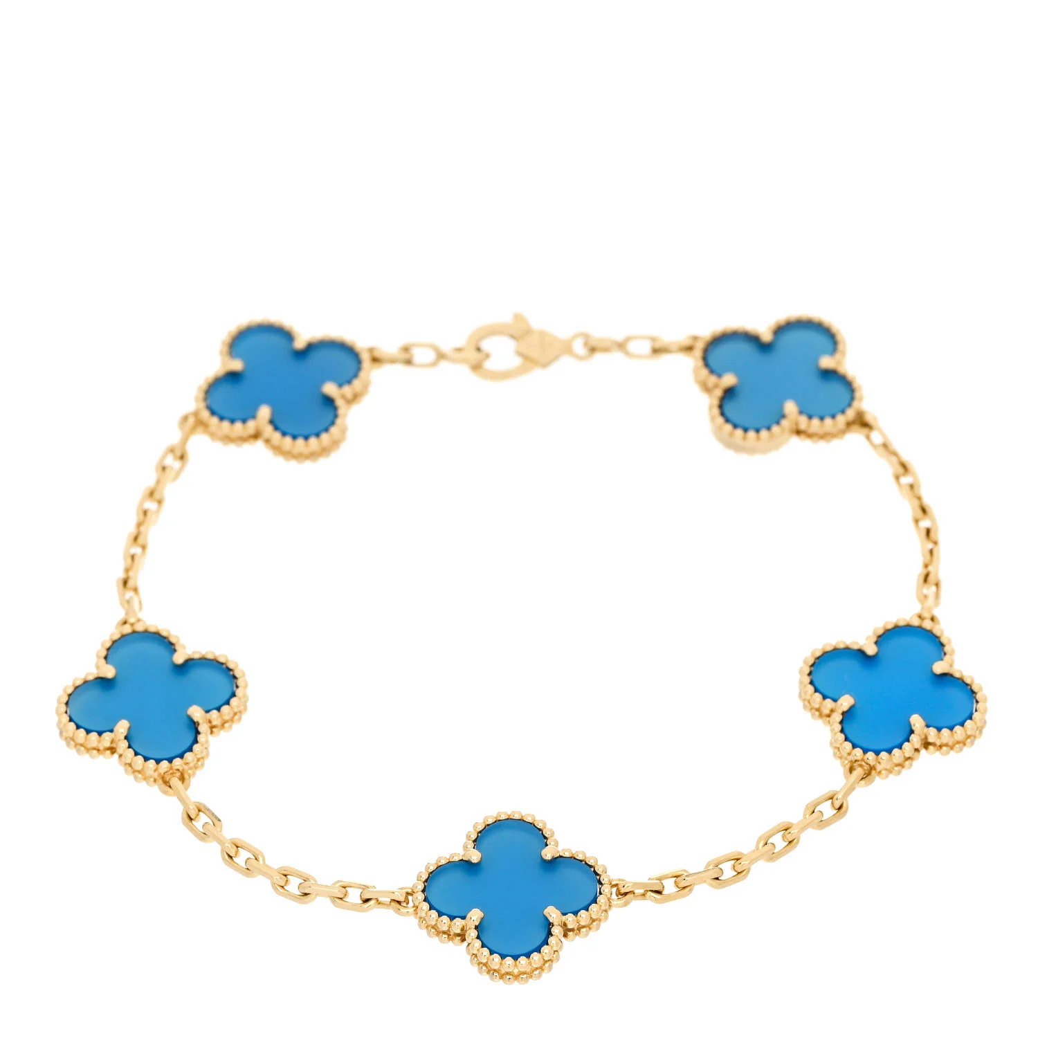 18K Yellow Gold Blue Agate 5 Motifs Vintage Alhambra Bracelet | FASHIONPHILE (US)