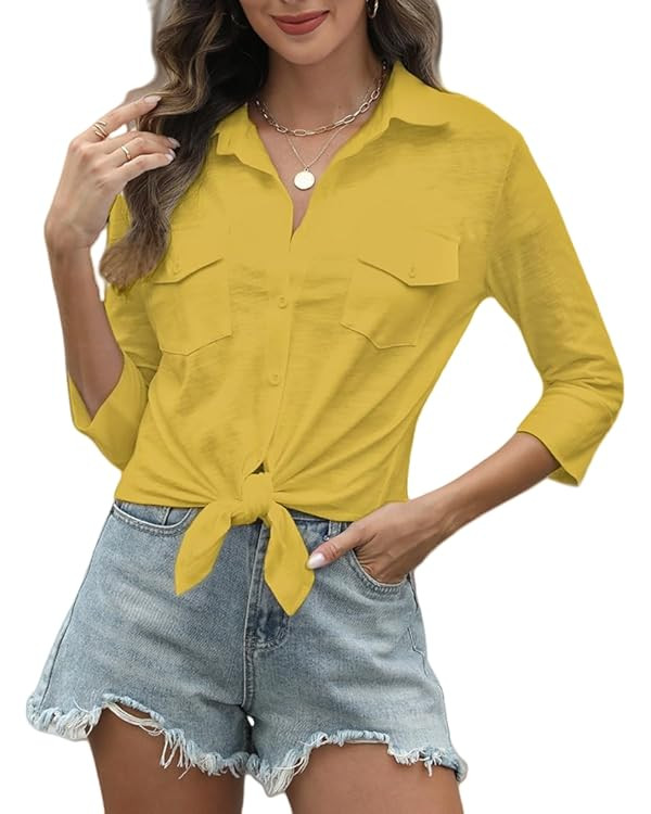Women Tie Front Button Down Shirt V Neck 3/4 Sleeve Cotton Cropped Top with Pockets for Work Vaca... | Amazon (US)
