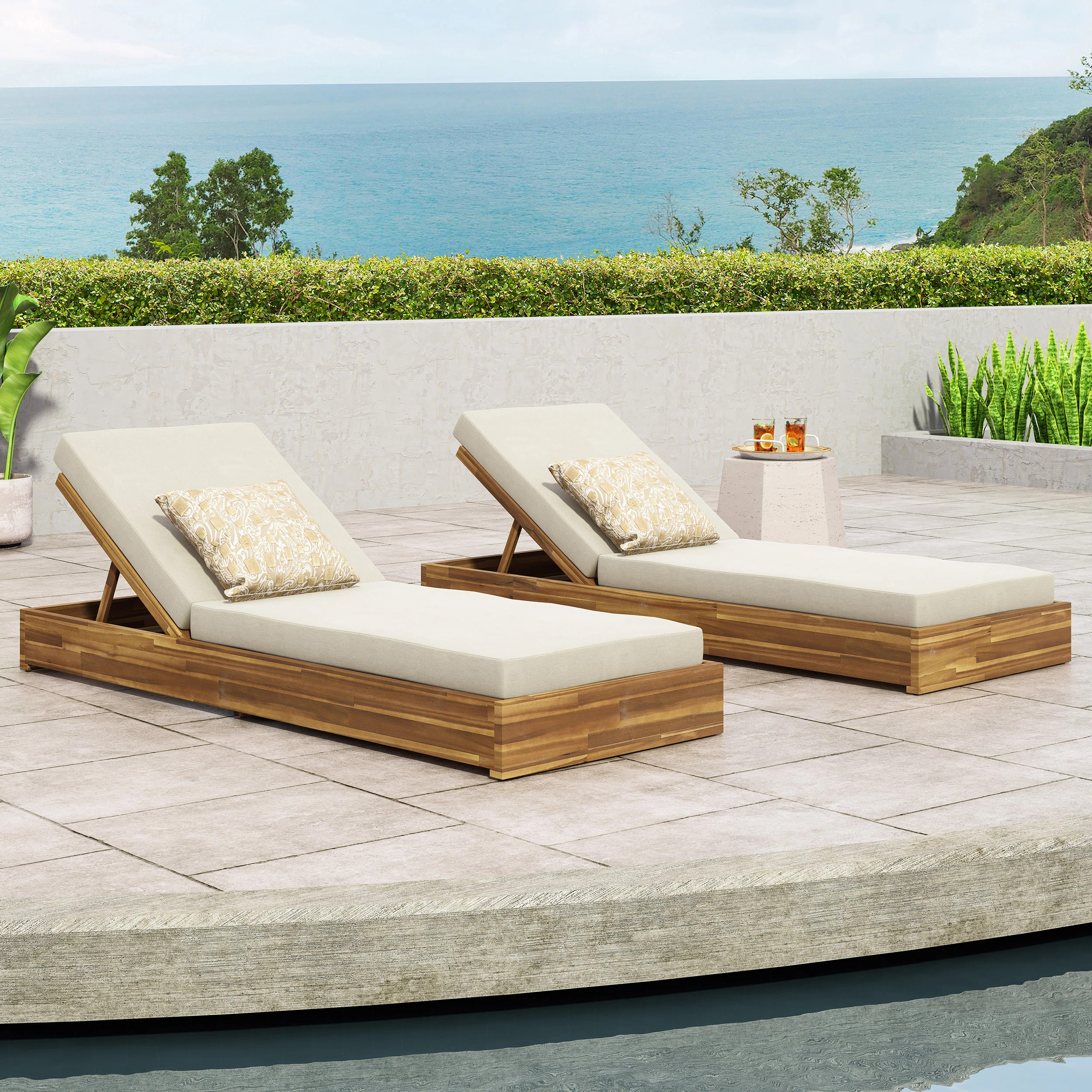 Leite Outdoor Acacia Wood Chaise Lounge Set , Cushion Included (Set of 2) | Wayfair North America