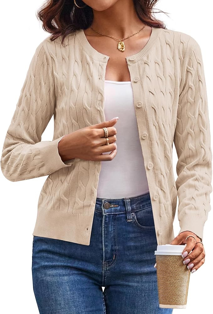 GRACE KARIN Womens Long Sleeve Button Up Cable Knit Cardigan Lightweight 2025 Crewneck Button Dow... | Amazon (US)