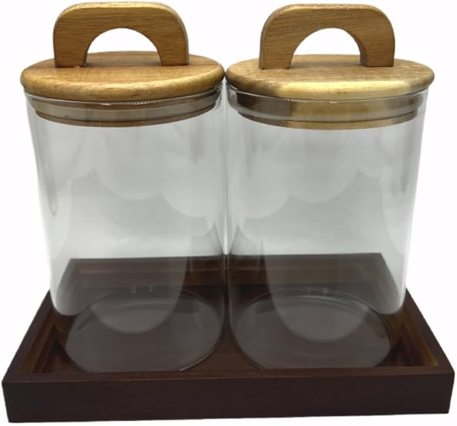 Glass Kitchen Canisters with Airtight Acacia Wooden Lid, Airtight Food Storage Jar with Handle,Canisters for Bathroom Decor with Vanity Tray (2, Brown Wooden Lid, 33 oz) | Amazon (US)